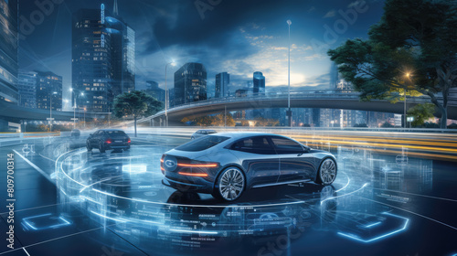 A futuristic car is driving on a wet road with a city in the background © Tatiana