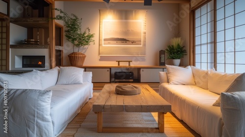 In the modern living room, Japanese minimalist style interior design is showcased. Two white sofas flank a rustic coffee table against a wall adorned with a poster and fireplace.
