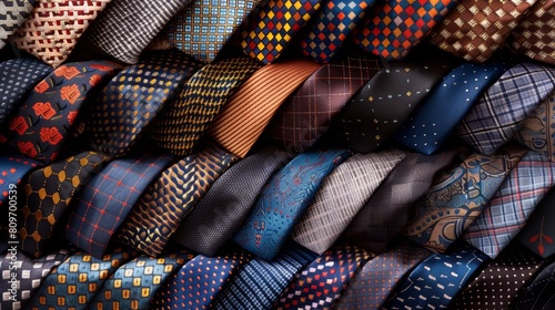 Close-up of an array of ties neatly displayed on a classic charcoal grey backdrop, highlighting their diverse patterns and colors © Wimon