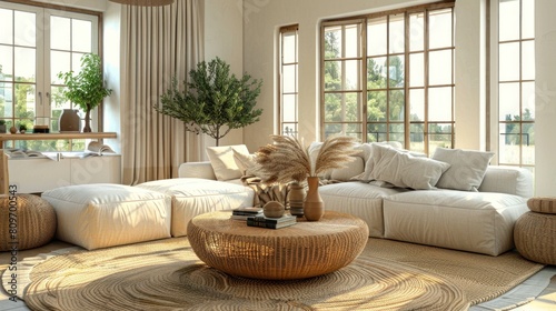 In the modern living room of a farmhouse, country boho interior design is highlighted by a round accent coffee table positioned near a rattan corner sofa, set against grid windows.