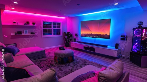 In the sleek basement lounge, multicolored LED strips illuminate the space, complementing a cozy sofa and a state-of-the-art gaming TV.
