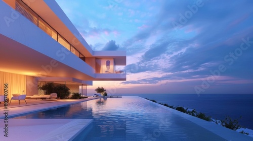 Marvel at the exterior of an amazing modern minimalist cubic villa featuring a large swimming pool. This white seaside luxury house offers stunning views of the sea. © Sompoch