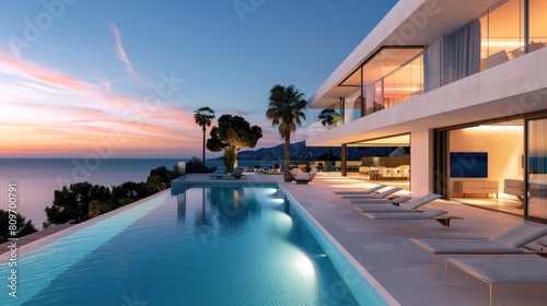 Marvel at the exterior of an amazing modern minimalist cubic villa featuring a large swimming pool. This white seaside luxury house offers stunning views of the sea.