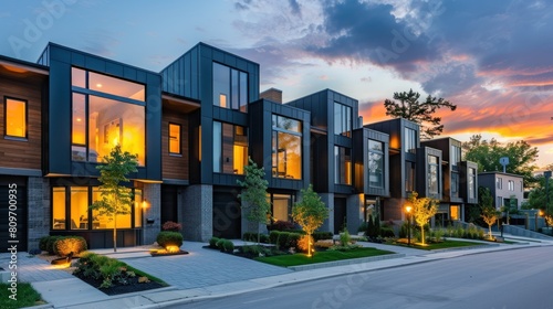 Residential architecture features modern modular private townhouses with sleek black exteriors.
