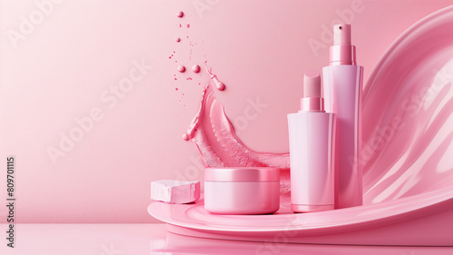 Placement of colorless cosmetic bottles on a pink background