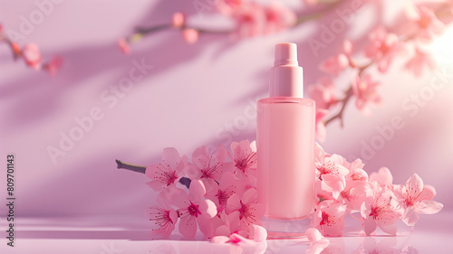 Placement of colorless cosmetic bottles on a pink background