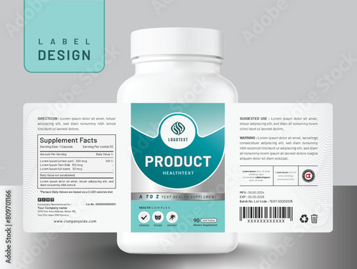 Food supplement multi vitamin label sticker design and dietary medicine bottle jar box packaging.