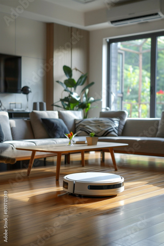 Modern smart home with automated robotic vacuum cleaning a hardwood floor in a stylish living room, combining technology and domestic convenience - AI generated