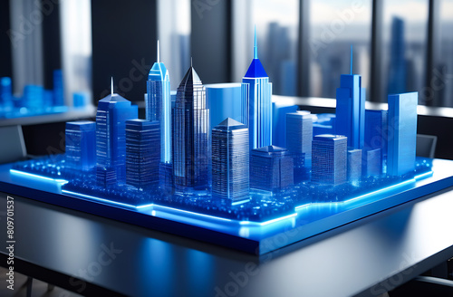 mock-up of the city with neon blue lighting on the desk in the office