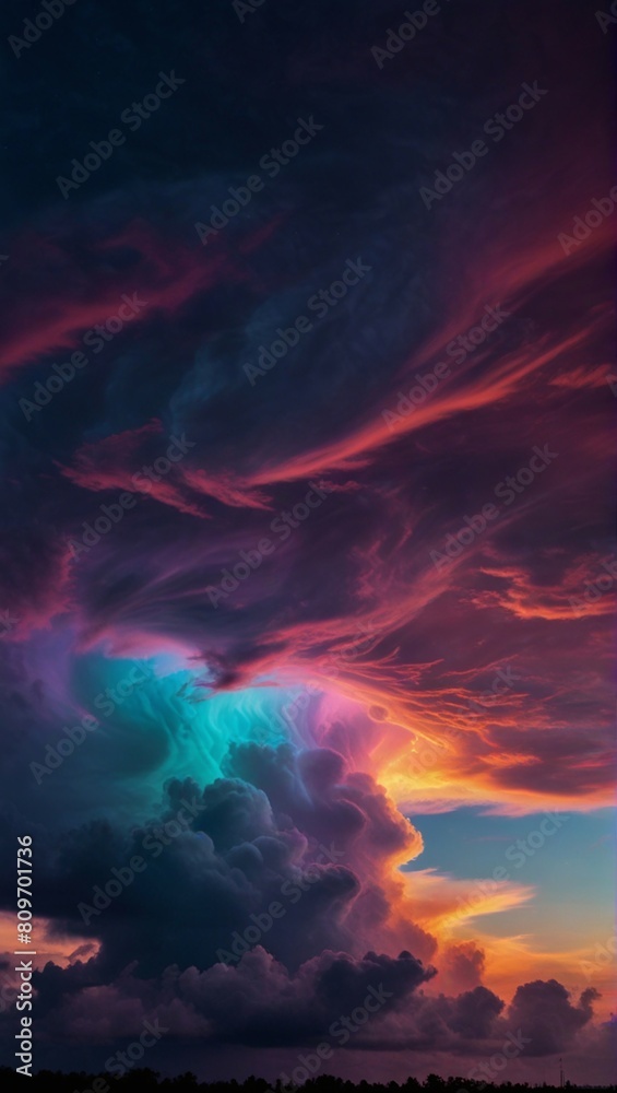 Dramatic colorful cloudy sky at sunset with dark storm clouds and vibrant orange, pink, and blue hues