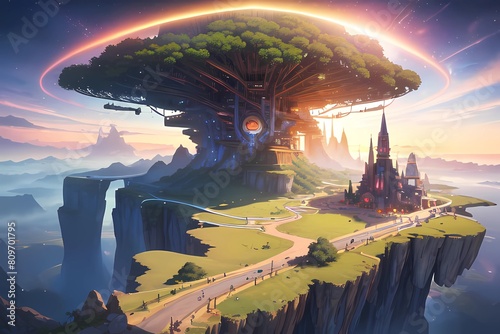 ゲーム背景異世界世界樹のあるファンタジー都市のお城	
 photo