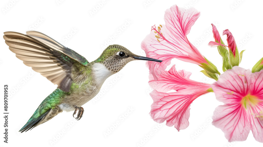 Hummingbird with Spread Wings on Pink Flower isolated on a transparent background