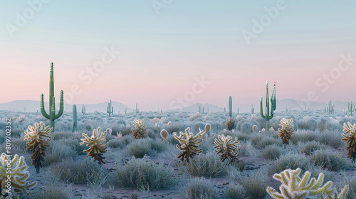 Panoramic view of a desert at dawn, with cacti covered in dew and rabbits frolicking amidst the sparse vegetation photo
