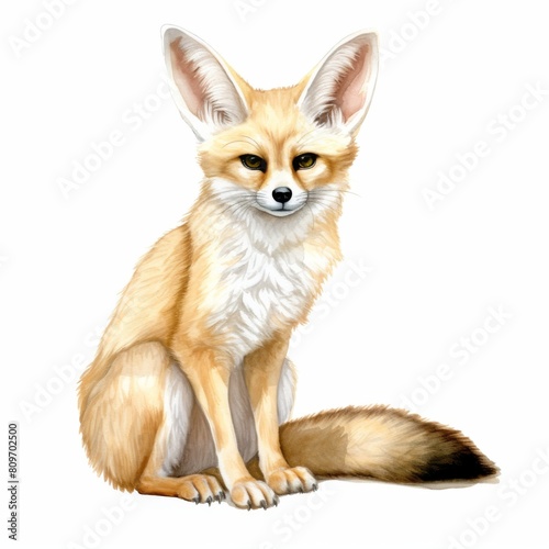 A cute fennec fox is sitting on the white background. It has big ears and a long tail.