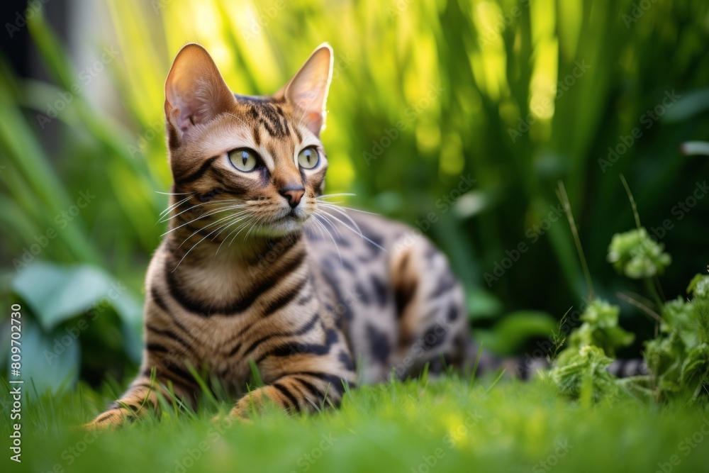 Medium shot portrait photography of a tired bengal cat grooming while standing against lush green lawn