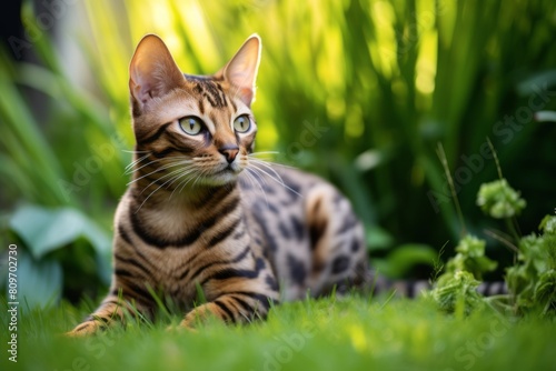 Medium shot portrait photography of a tired bengal cat grooming while standing against lush green lawn