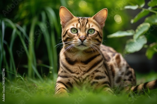 Medium shot portrait photography of a tired bengal cat grooming on lush green lawn © Markus Schröder