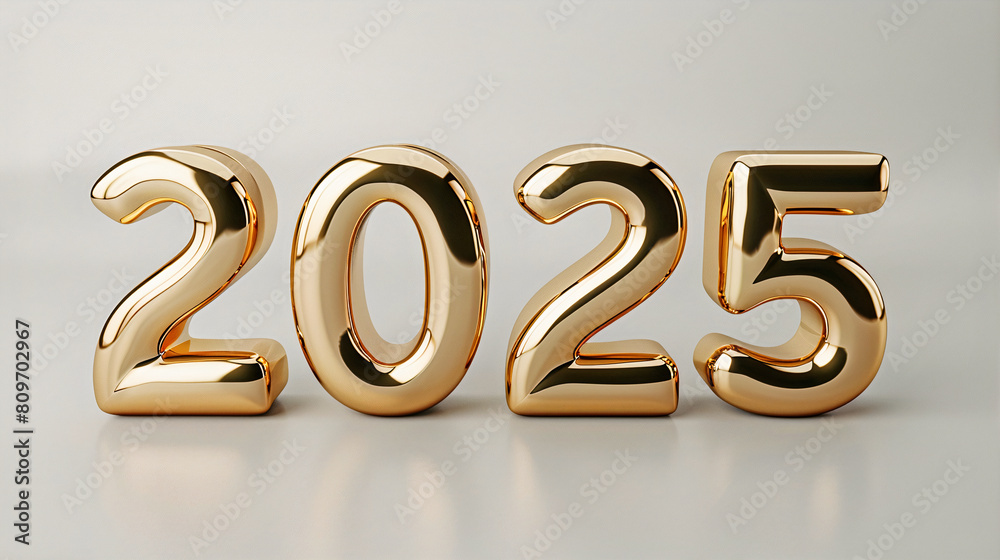 Gold metal text 2025 on a light background. New Year's invitation. Generative AI
