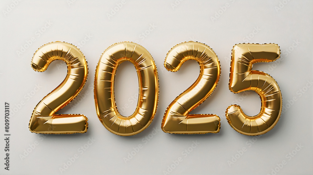 Text of an inflated balloon 2025 on a light background. New Year invitation with gold foil balloons. Generative AI Text of an inflated balloon 2025 on a light background. New Year invitation with gold foil balloons. Generative AI