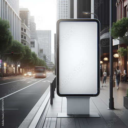 Blank white billboard stand or mupi mockup on sidewalk with street and city background