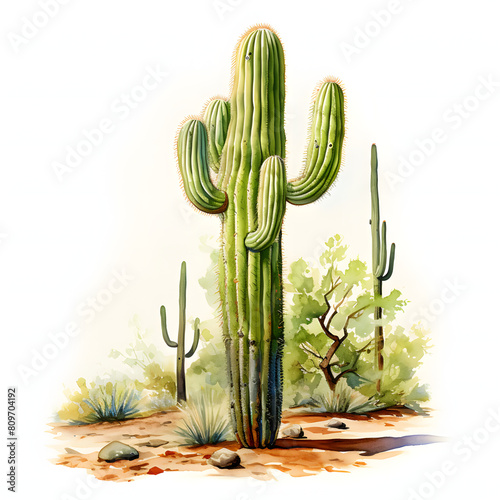 Saguaro (Carnegiea gigantea), single object, watercolor illustration, white background. photo