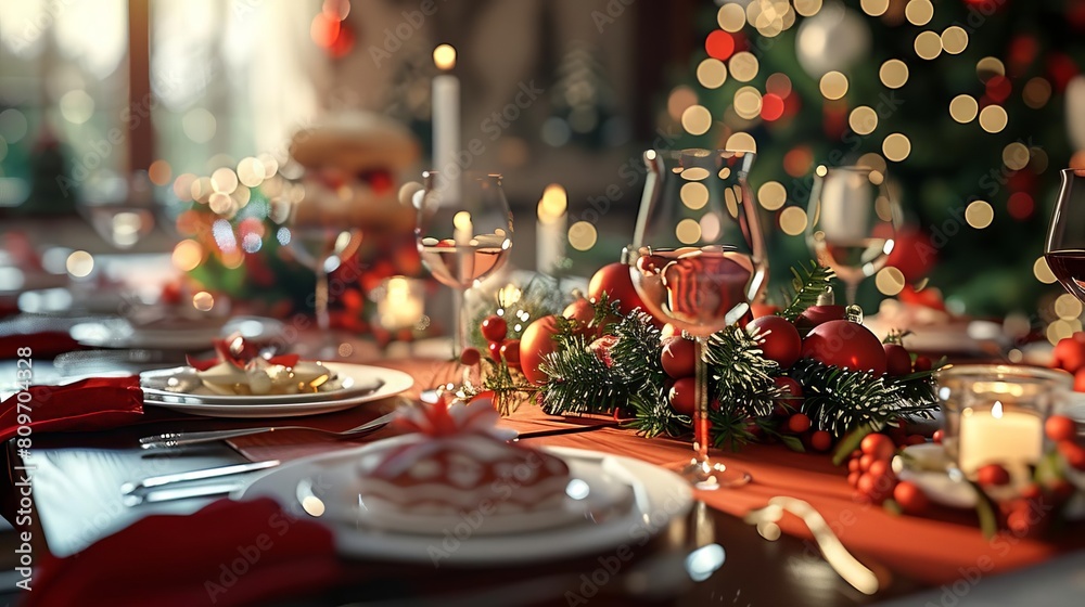AI-generated photo of a beautifully set Christmas table, complete with a decorated tree, candles, and a delicious-looking meal AI-generated photo of a beautifully set Christmas table, complete with a decorated tree, candles, and a delicious-looking meal