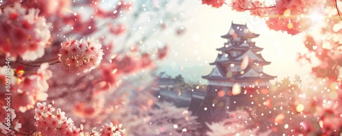 Spring Equinox Day Japan Traditional Castle And Blossoming Sakura Flower Viewing Festival In Sun Shine, Bokeh Emptry Copy Space Background photo