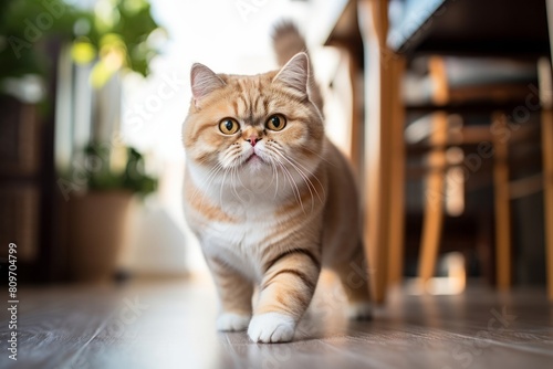 Full-length portrait photography of a smiling exotic shorthair cat playing isolated on chic dining room © Markus Schröder