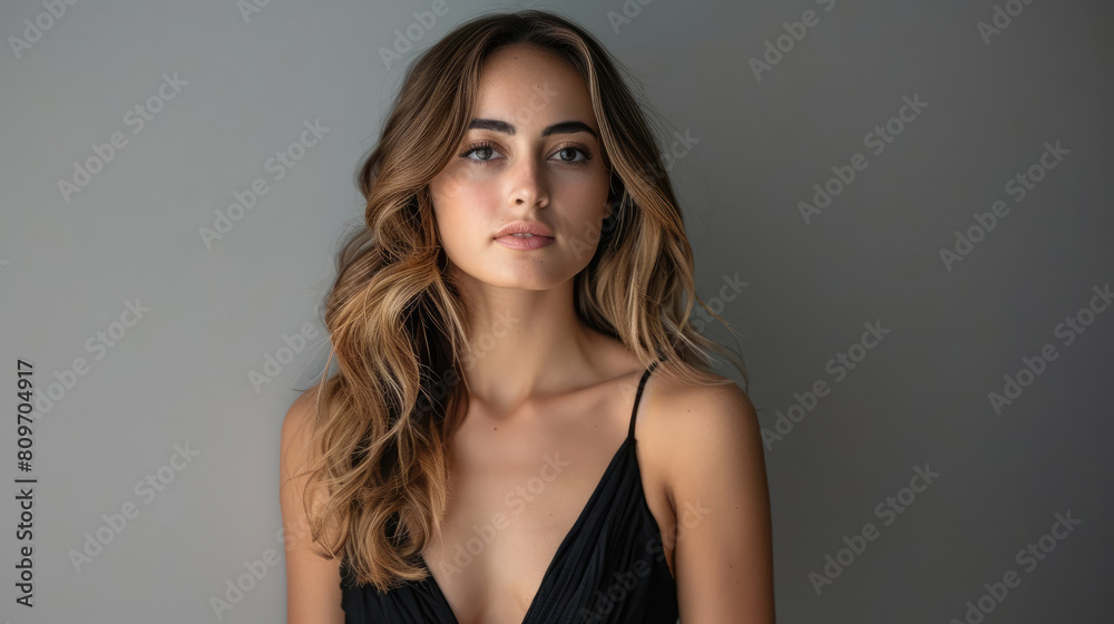 The captivating gaze of a young woman model in a charming portrait. The captivating gaze of a young woman model in a charming portrait.