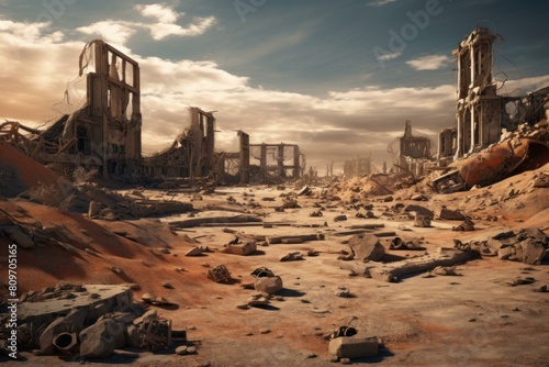 Surreal landscape of devastation, featuring the ruins of civilization in a desolate environment