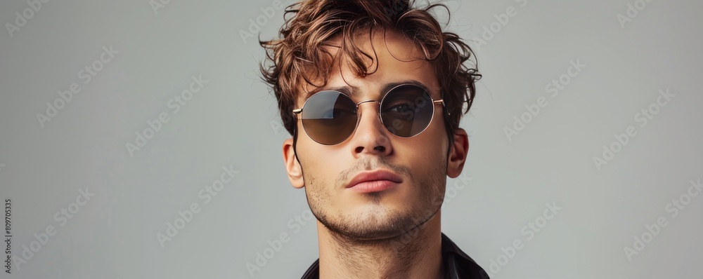 Serious young man with trendy sunglasses looking at camera while standing on gray background in studio. Serious young man with trendy sunglasses looking at camera while standing on gray background in studio.