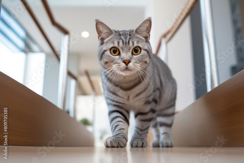 Wallpaper Mural Lifestyle portrait photography of a funny american shorthair cat begging for food while standing against decorative staircase Torontodigital.ca
