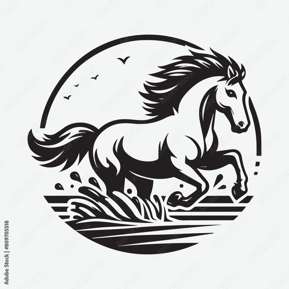 Horse galloping on a beach vector silhouette illustration. isolated silhouette of a horse galloping along the seashore against the sky Horse galloping on a beach vector silhouette illustration. isolated silhouette of a horse galloping along the seashore against the sky