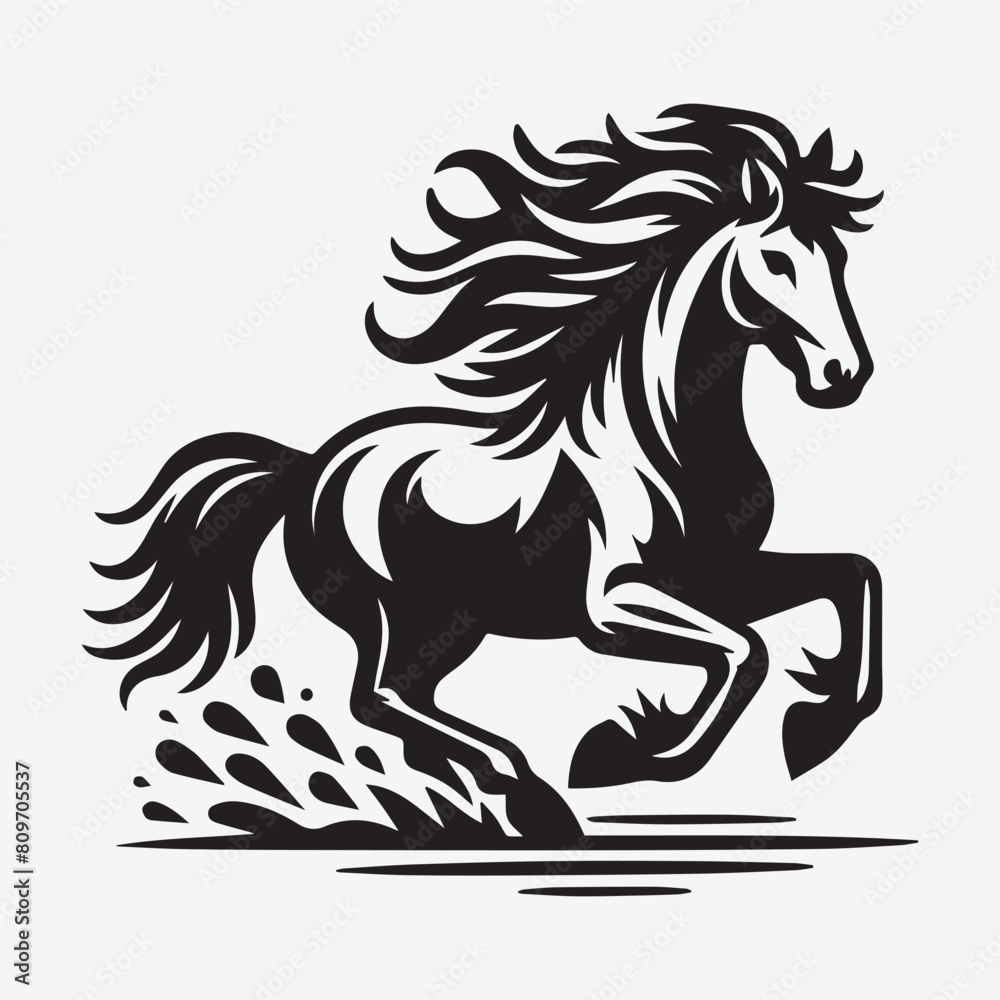 Horse galloping on a beach vector silhouette illustration. isolated silhouette of a horse galloping along the seashore against the sky Horse galloping on a beach vector silhouette illustration. isolated silhouette of a horse galloping along the seashore against the sky