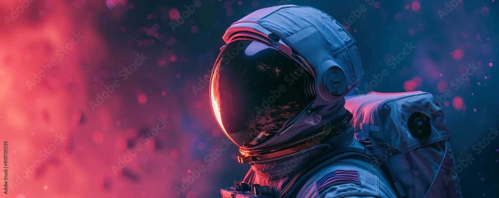 Fototapeta premium unrecognizable astronaut in protective Extravehicular Mobility Unit with backpack and reflecting helmet