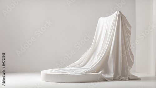A white cloth is draped over a rectangular object on a white platform.