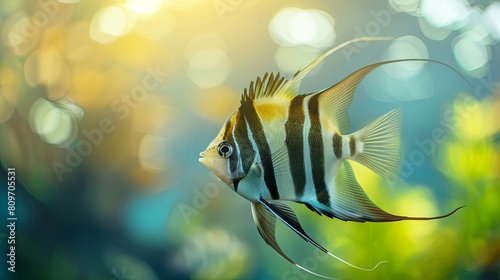 Portrait of a zebra angelfish in a tank with a blurred background. photo
