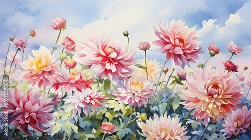 Field of dahlia blooming flowers under a blue sky, watercolor illustration. photo