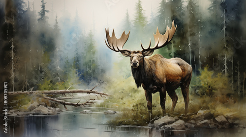 Digital illustration of a majestic moose with expansive antlers standing by a reflective pond in a misty autumn forest. © NaphakStudio