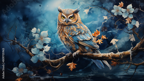 Watercolor painting artwork of an owl with intense yellow eyes, perched on a snowy branch in a misty, autumn-colored forest setting.
