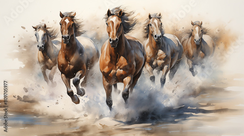 Watercolor illustration of five horses galloping energetically  stirring up dust under a soft sky.