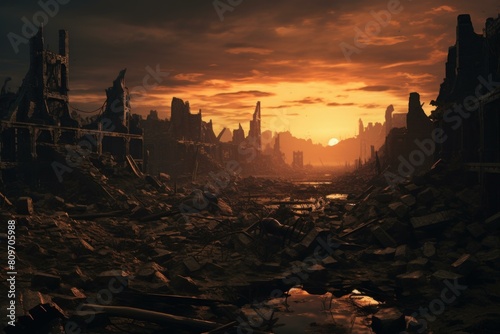 Dramatic view of the sun setting behind the silhouettes of destroyed buildings in a post-apocalyptic setting