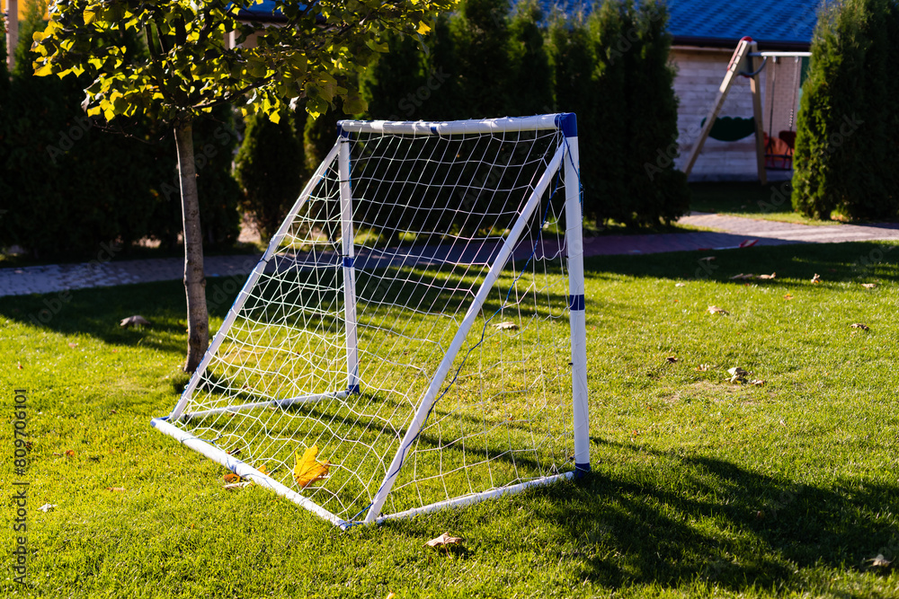 children's training football goals on the lawn of the football field are filled with leaves, forest, park. The leaves are tangled in the net children's training football goals on the lawn of the football field are filled with leaves, forest, park. The leaves are tangled in the net