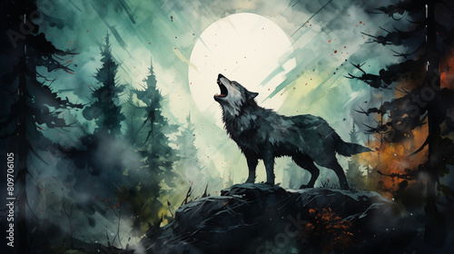 Watercolor illustration of a lone wolf howling at a glowing full moon  perched on a rocky ledge with a mystical forest backdrop and orange twilight sky.