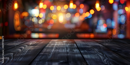 Sleek ebony wood tabletop with a blurred background of a jazz club, perfect for music-related products or nightlife-themed promotions © Abstract Delusion