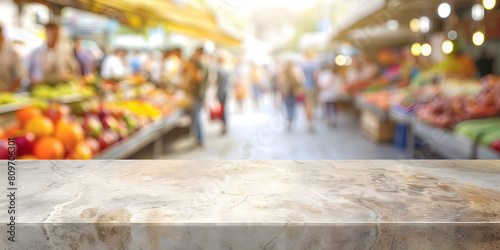 Smooth stone tabletop with a blurred background of a bustling summer market, perfect for food photography or seasonal product displays 