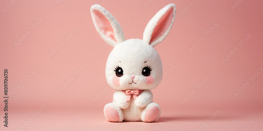Fototapeta premium Cute chibi stuffed bunny with solid color background , Soft fur, furry