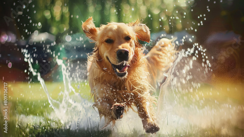 A Dramatic Portrait of a Golden Retriever Reveling in the Joy of Water Play, Capturing the Essence of Canine Happiness and Freedom