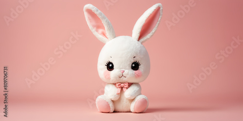 Cute chibi stuffed bunny with solid color background , Soft fur, furry