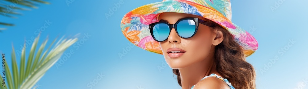 Tropical Tranquility: Woman in Straw Hat and Sunglasses Amid Palm Trees, Embracing Relaxation Tropical Tranquility: Woman in Straw Hat and Sunglasses Amid Palm Trees, Embracing Relaxation
